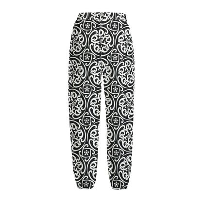 Black And White Celtic Pattern Print Fleece Lined Knit Pants