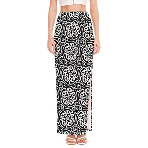 Black And White Celtic Pattern Print High Slit Maxi Skirt