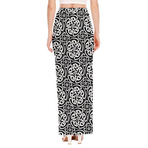 Black And White Celtic Pattern Print High Slit Maxi Skirt