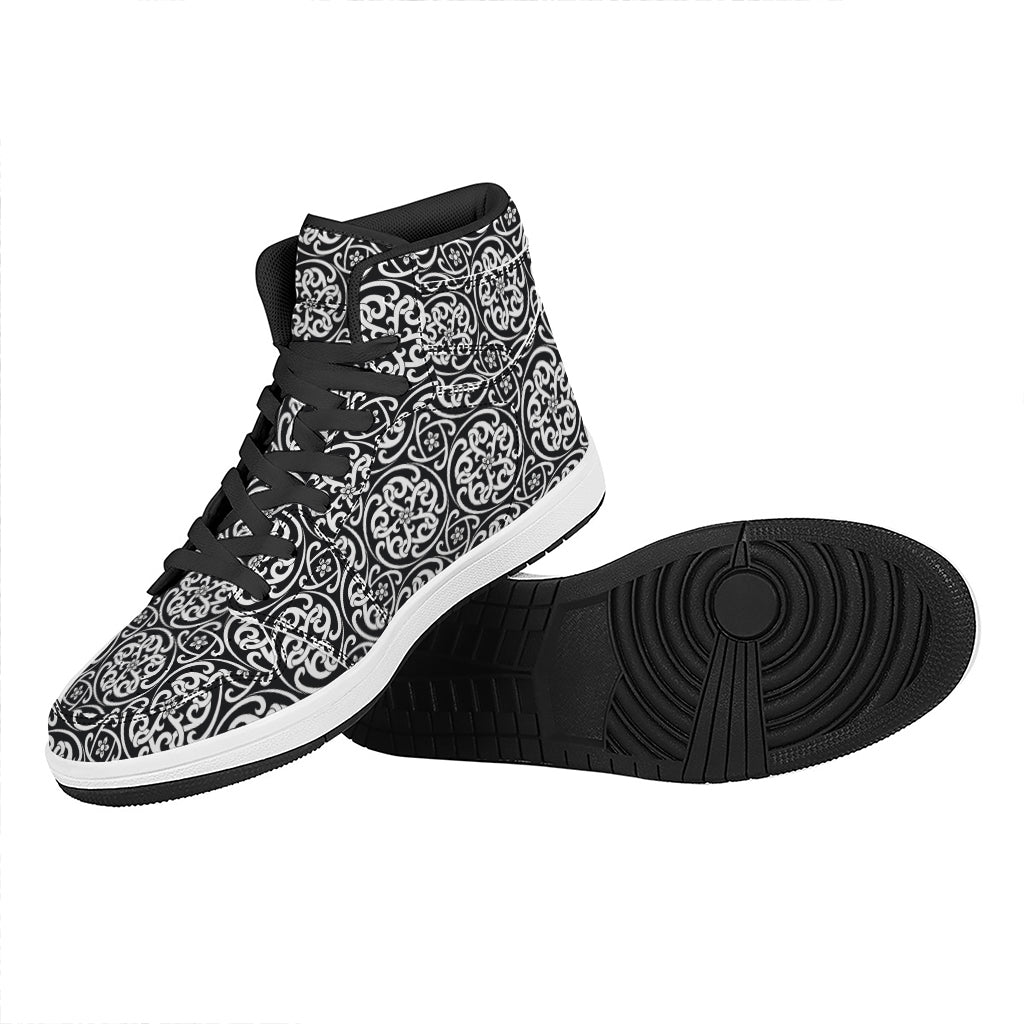 Black And White Celtic Pattern Print High Top Leather Sneakers