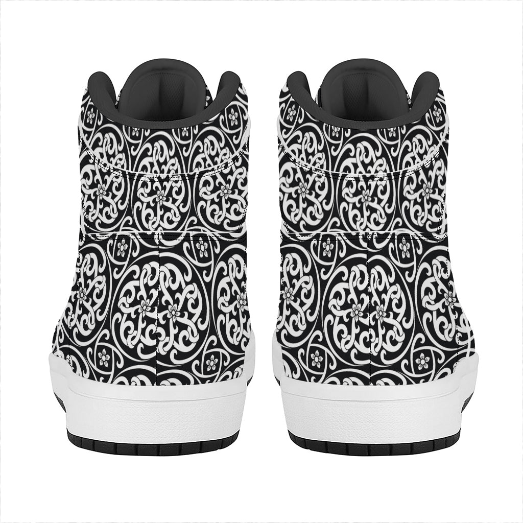 Black And White Celtic Pattern Print High Top Leather Sneakers