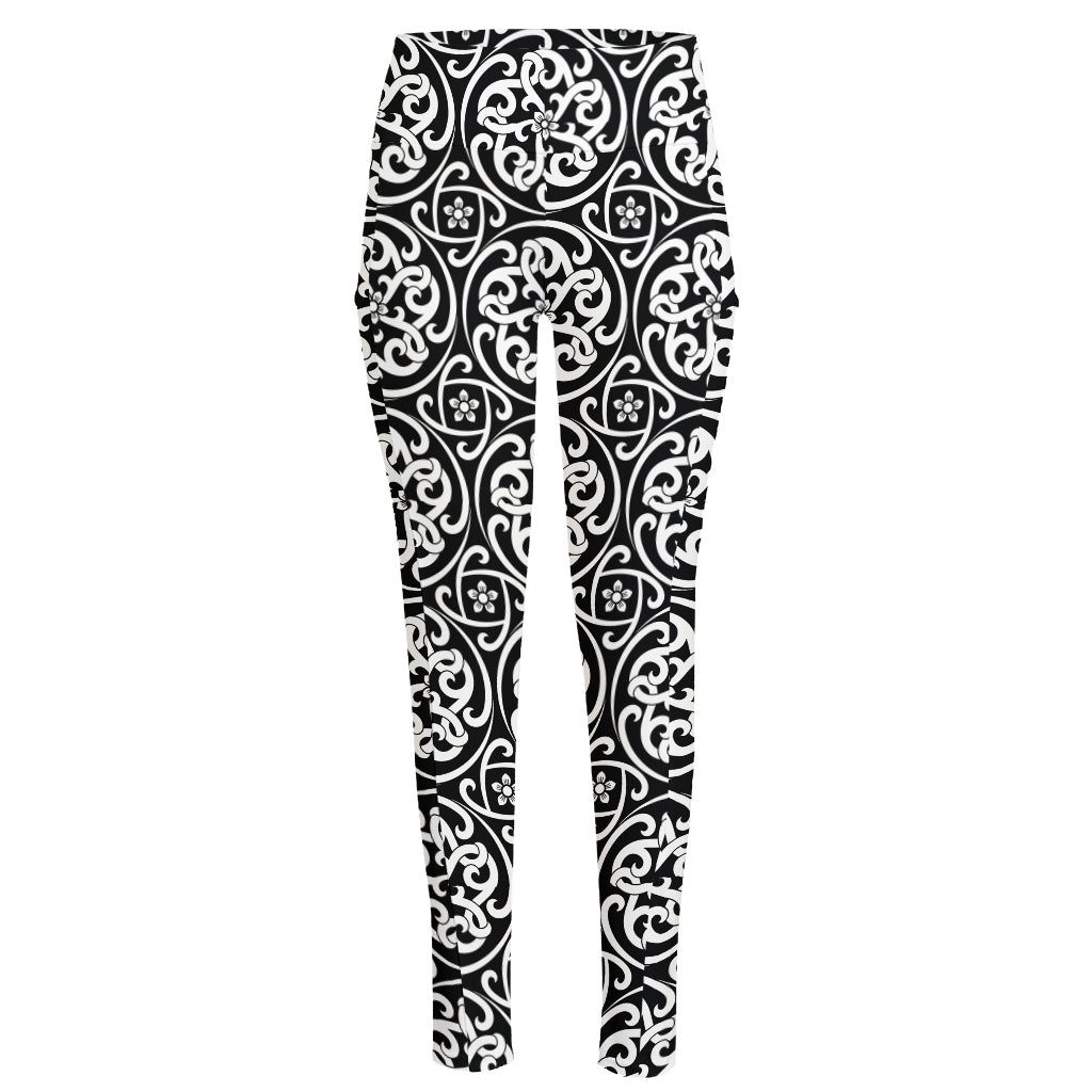 Black And White Celtic Pattern Print High-Waisted Pocket Leggings