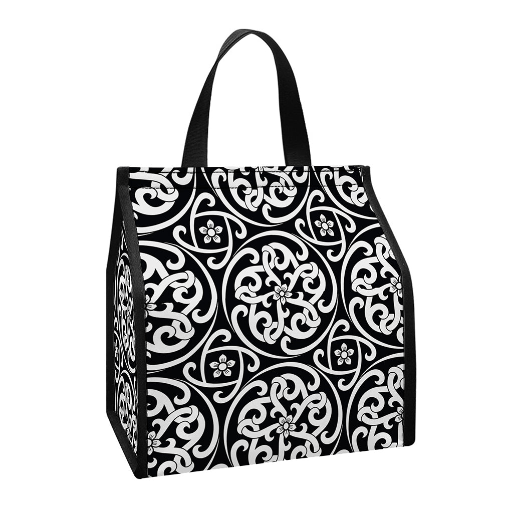 Black And White Celtic Pattern Print Insulated Lunch Tote