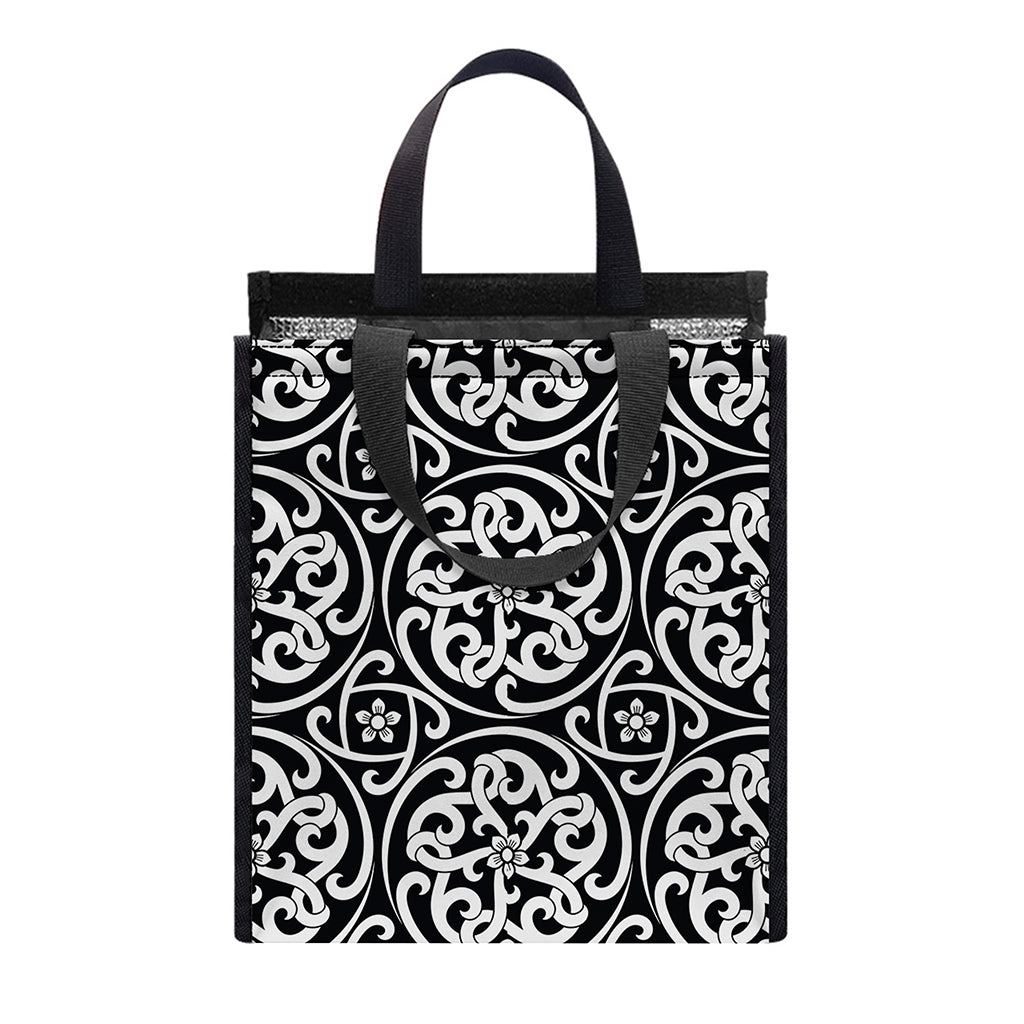 Black And White Celtic Pattern Print Insulated Lunch Tote