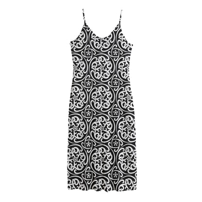 Black And White Celtic Pattern Print Jersey Midi Cami Dress