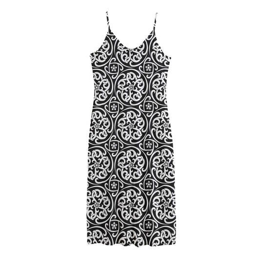 Black And White Celtic Pattern Print Jersey Midi Cami Dress