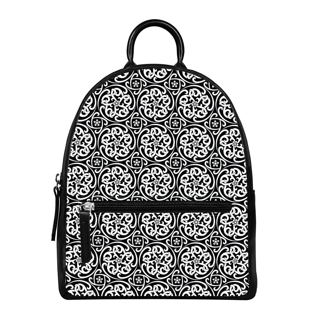 Black And White Celtic Pattern Print Leather Backpack