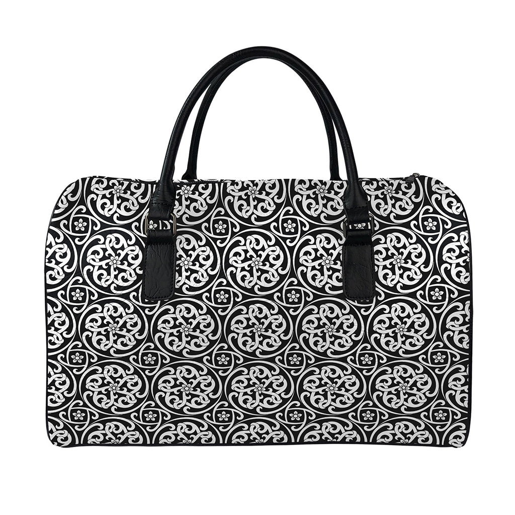 Black And White Celtic Pattern Print Leather Duffle Bag
