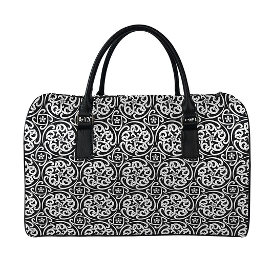 Black And White Celtic Pattern Print Leather Duffle Bag