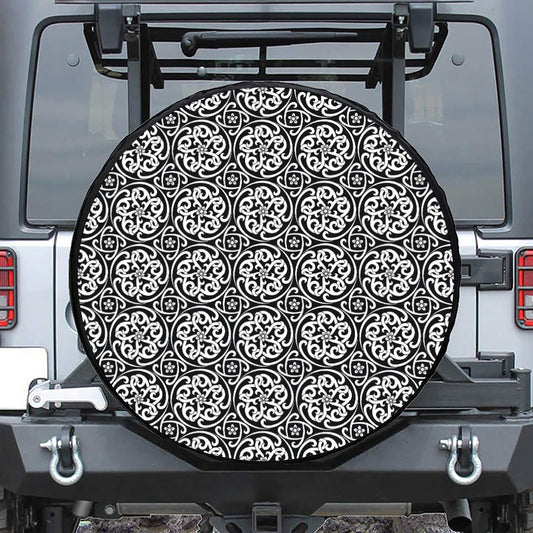 Black And White Celtic Pattern Print Leather Spare Tire Cover