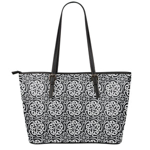 Black And White Celtic Pattern Print Leather Tote Bag