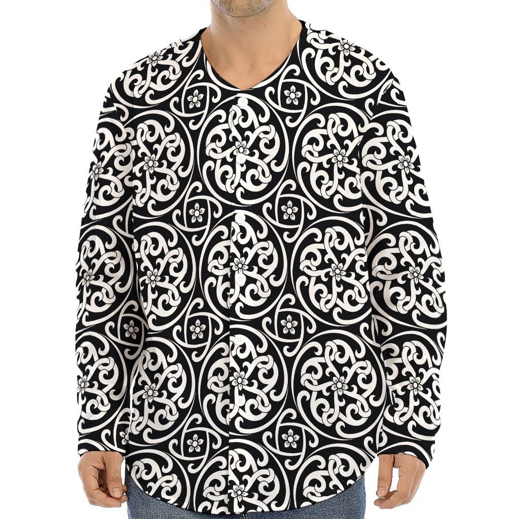 Black And White Celtic Pattern Print Long Sleeve Baseball Jersey