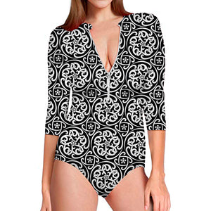 Black And White Celtic Pattern Print Long Sleeve Swimsuit