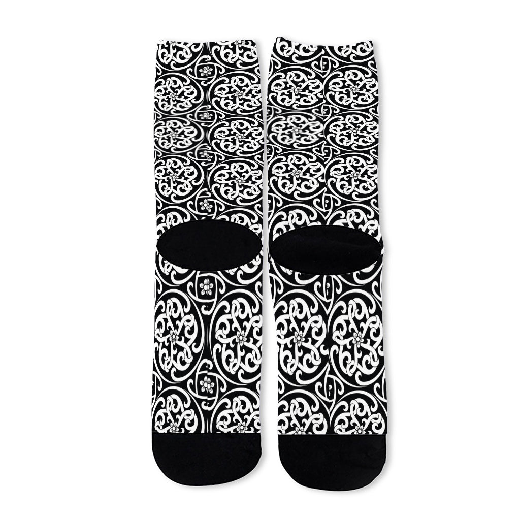 Black And White Celtic Pattern Print Long Socks