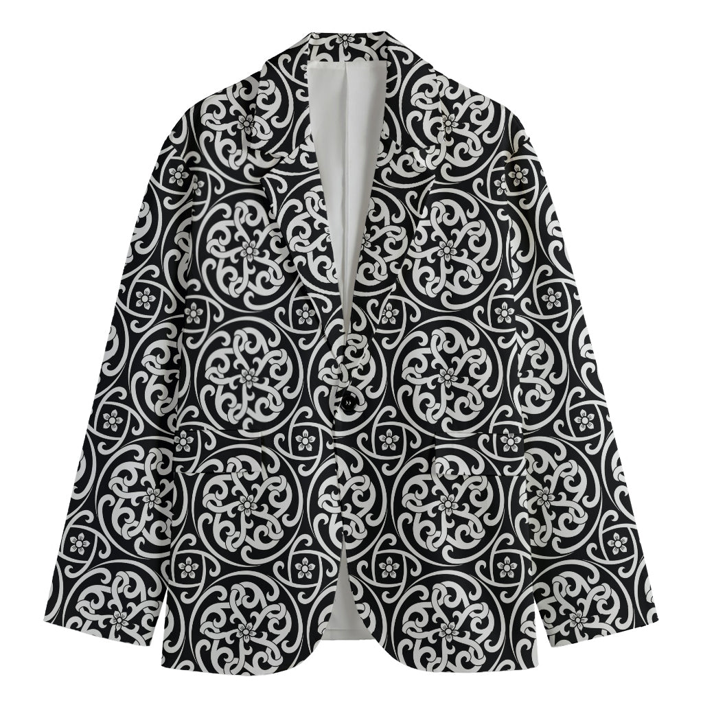 Black And White Celtic Pattern Print Men's Cotton Blazer