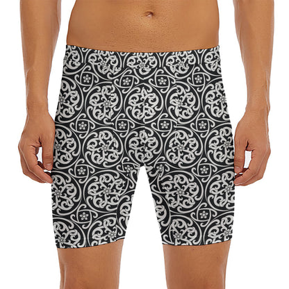 Black And White Celtic Pattern Print Men's Long Boxer Briefs
