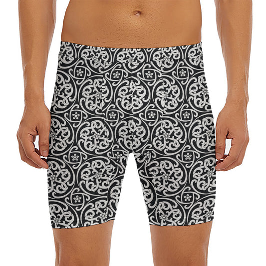 Black And White Celtic Pattern Print Men's Long Boxer Briefs