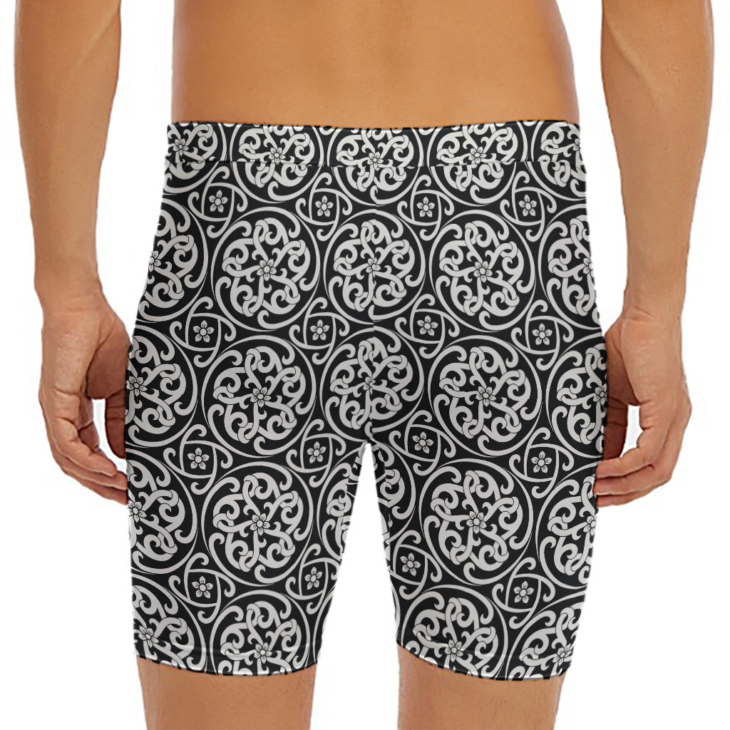 Black And White Celtic Pattern Print Men's Long Boxer Briefs