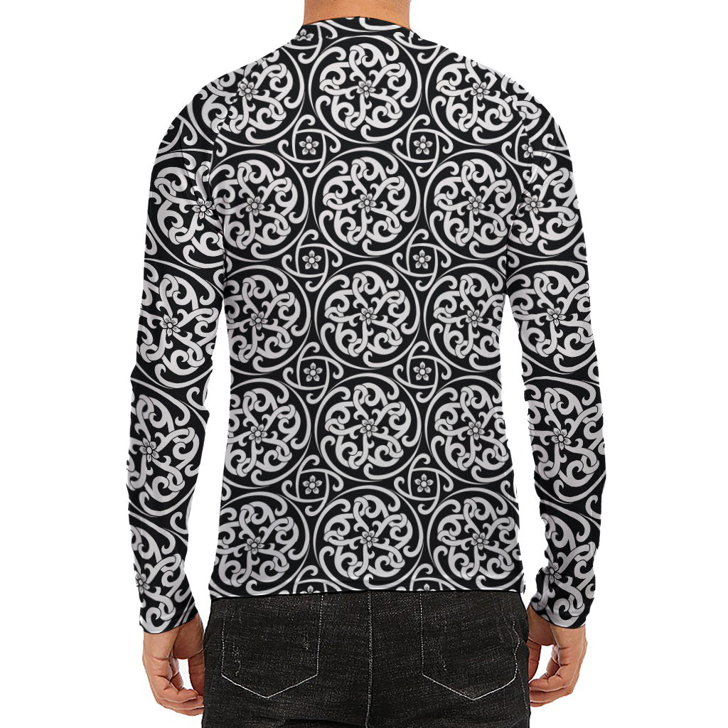 Black And White Celtic Pattern Print Men's Long Sleeve Rash Guard