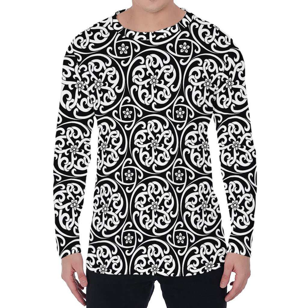 Black And White Celtic Pattern Print Men's Long Sleeve T-Shirt