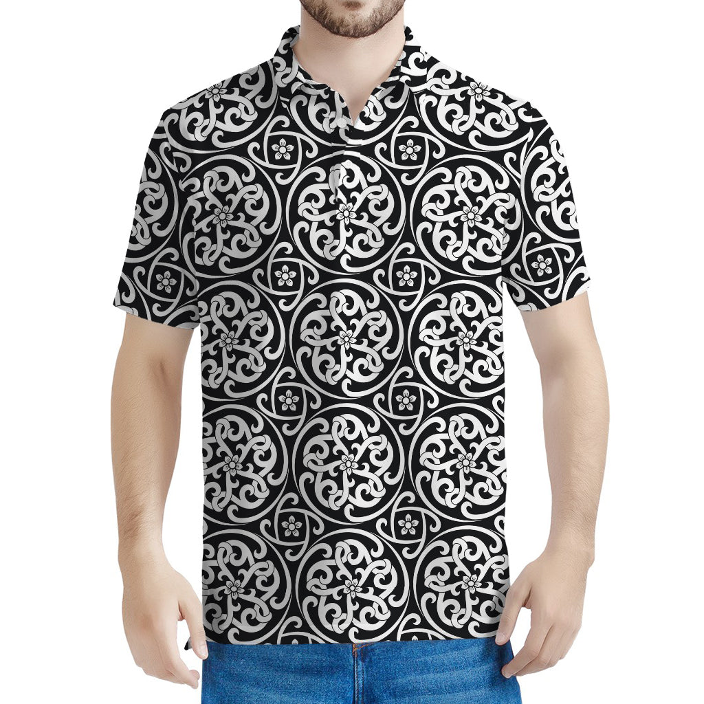 Black And White Celtic Pattern Print Men's Polo Shirt