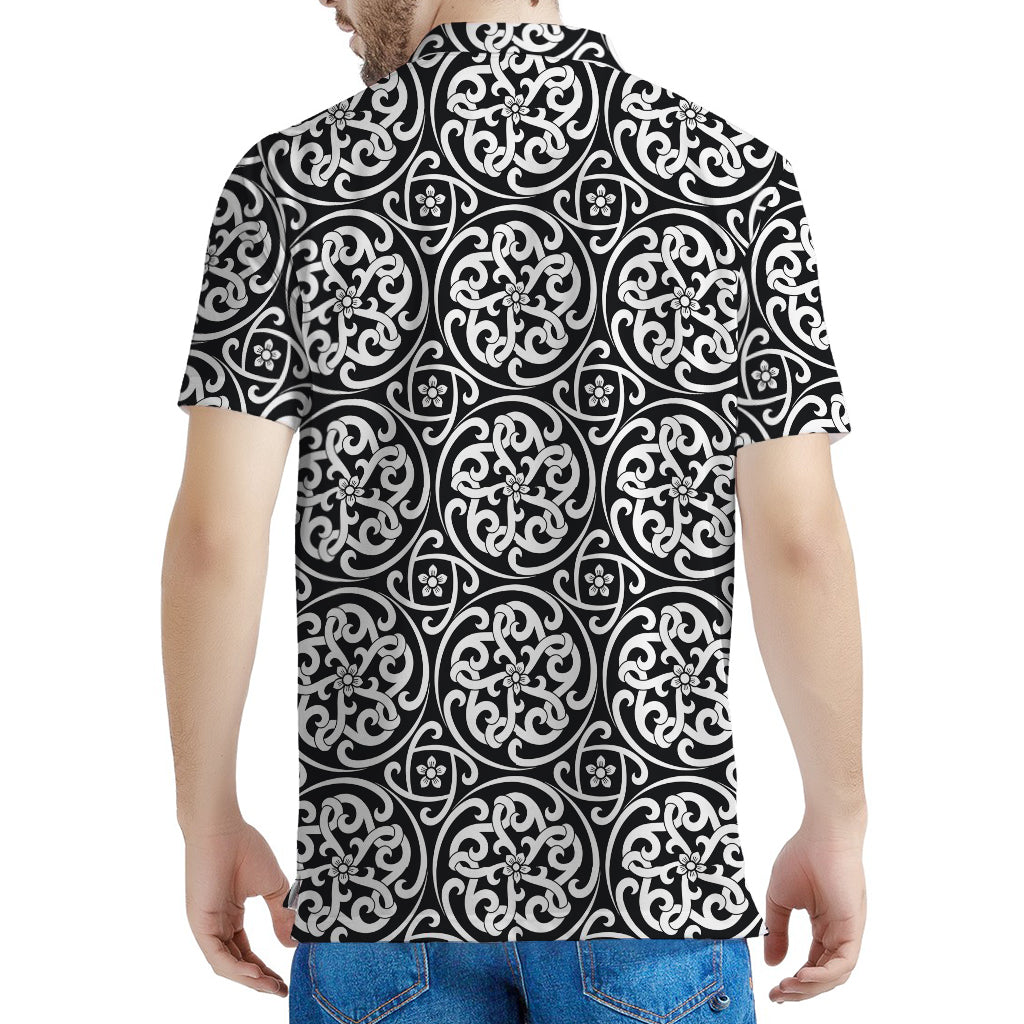 Black And White Celtic Pattern Print Men's Polo Shirt