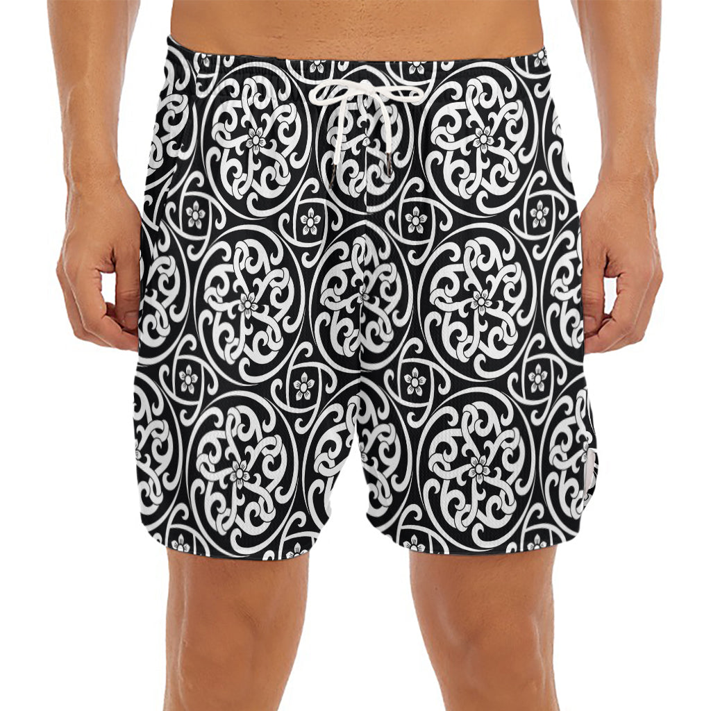 Black And White Celtic Pattern Print Men's Split Running Shorts