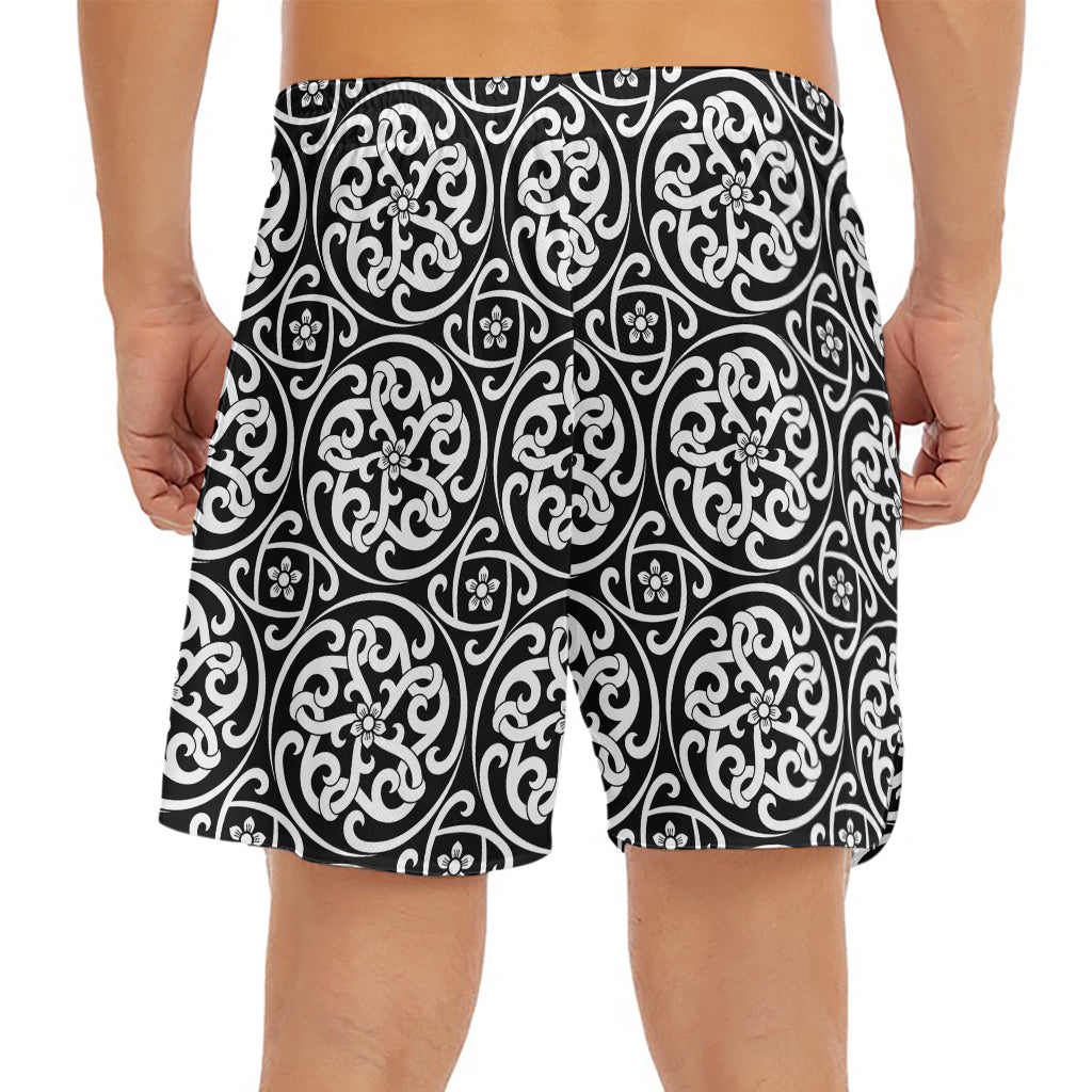 Black And White Celtic Pattern Print Men's Split Running Shorts