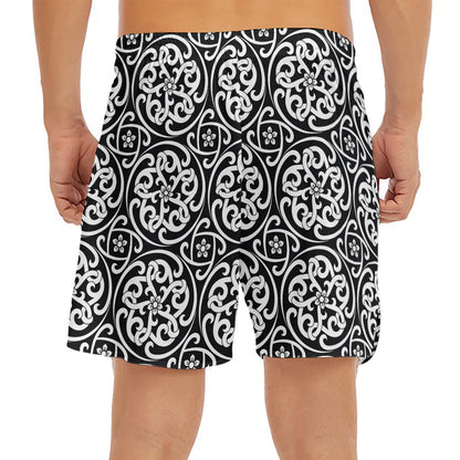 Black And White Celtic Pattern Print Men's Split Running Shorts