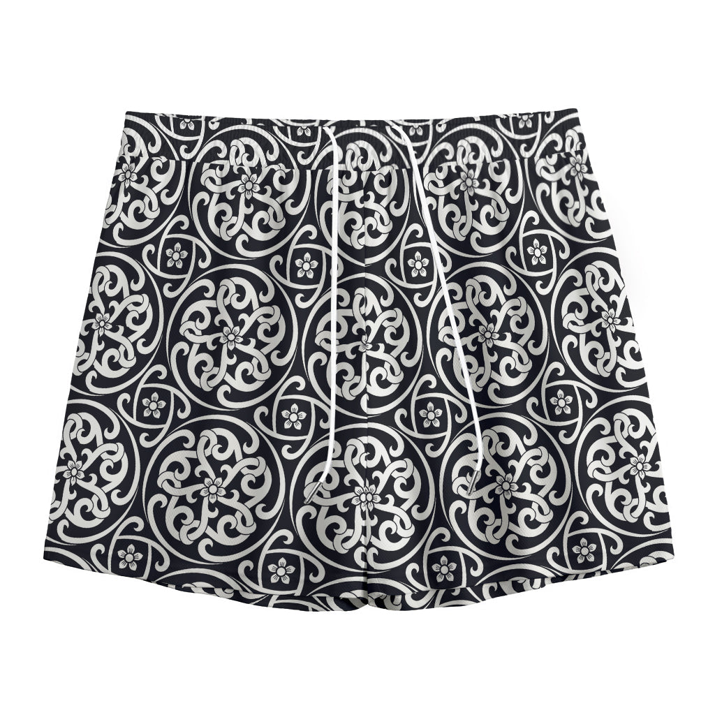 Black And White Celtic Pattern Print Mesh Shorts