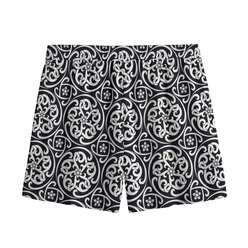 Black And White Celtic Pattern Print Mesh Shorts