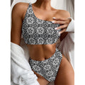 Black And White Celtic Pattern Print One Shoulder Bikini Set