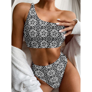 Black And White Celtic Pattern Print One Shoulder Bikini Top