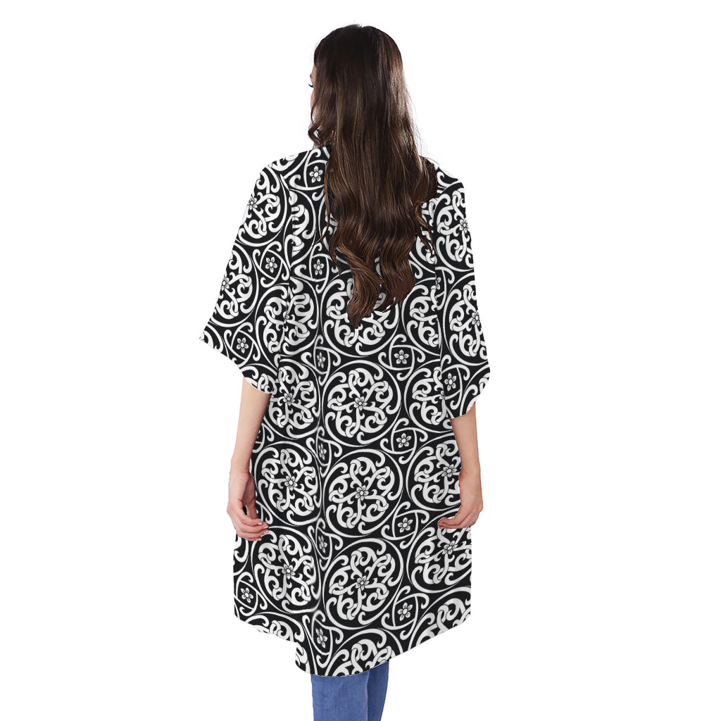 Black And White Celtic Pattern Print Open Front Beach Cover Up