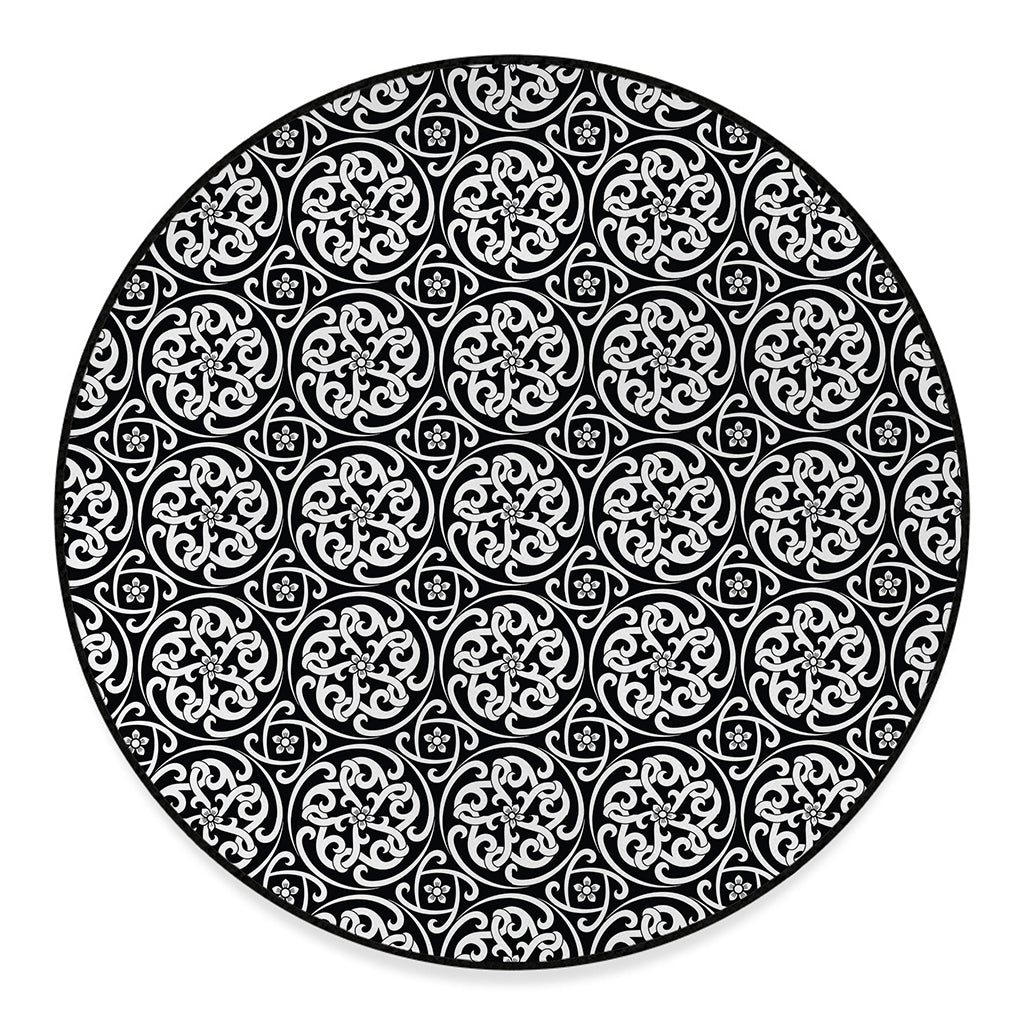 Black And White Celtic Pattern Print Round Floor Mat