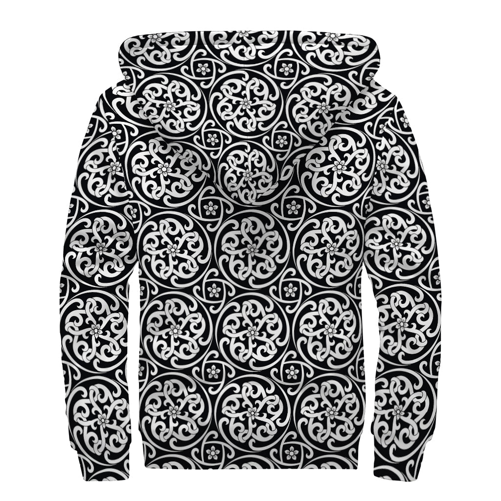 Black And White Celtic Pattern Print Sherpa Lined Zip Up Hoodie