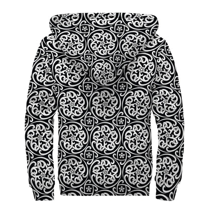 Black And White Celtic Pattern Print Sherpa Lined Zip Up Hoodie