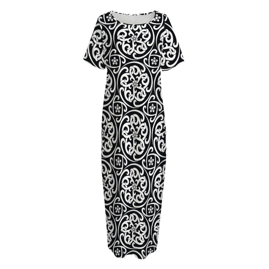 Black And White Celtic Pattern Print Short Sleeve Long Nightdress