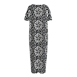 Black And White Celtic Pattern Print Short Sleeve Long Nightdress