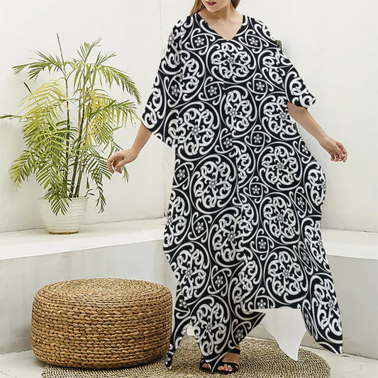 Black And White Celtic Pattern Print Silk V-Neck Kaftan Dress