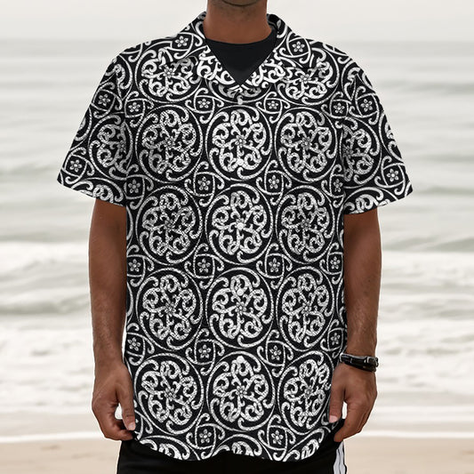 Black And White Celtic Pattern Print Textured Short Sleeve Shirt