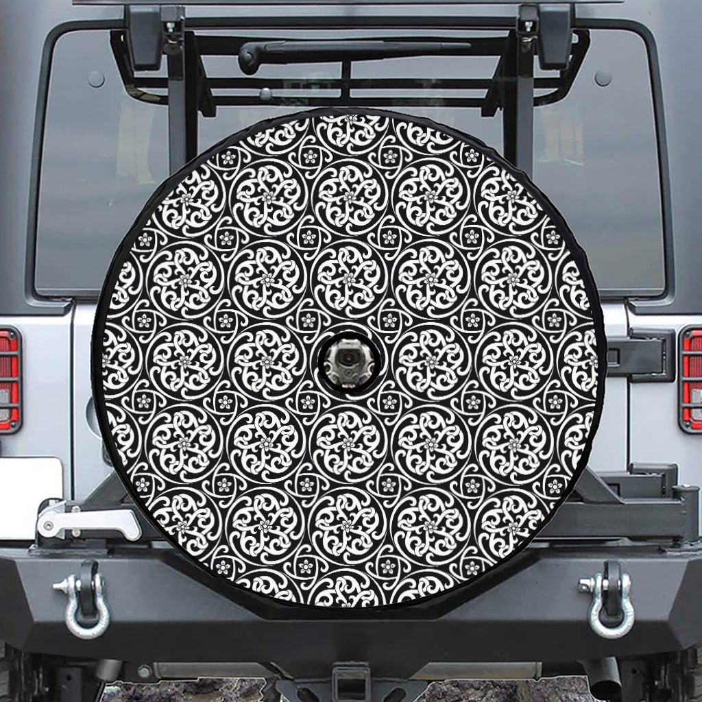 Black And White Celtic Pattern Print Tire Cover With Camera Hole