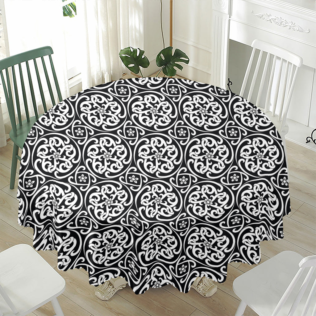 Black And White Celtic Pattern Print Waterproof Round Tablecloth