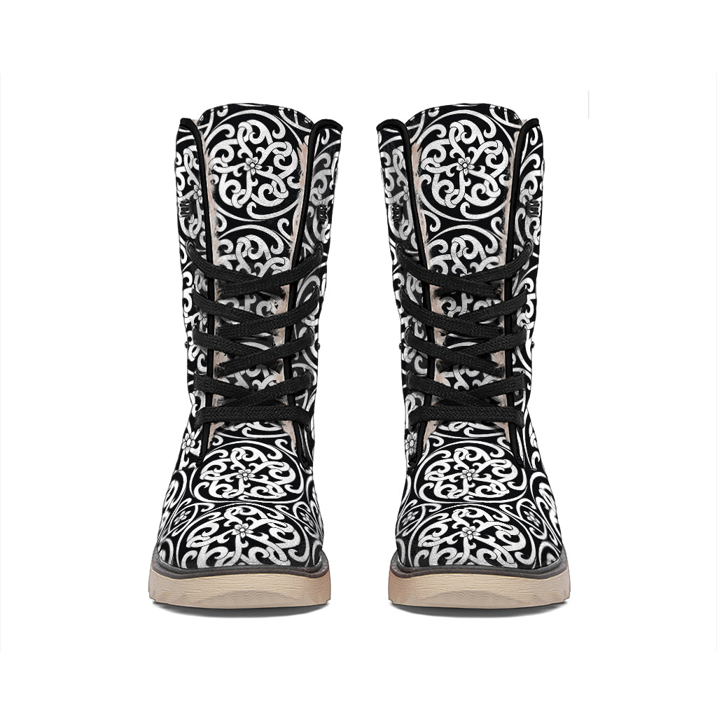 Black And White Celtic Pattern Print Winter Boots