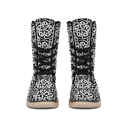Black And White Celtic Pattern Print Winter Boots