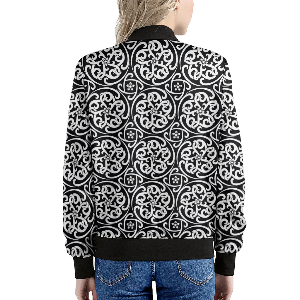 Black And White Celtic Pattern Print Women's Bomber Jacket