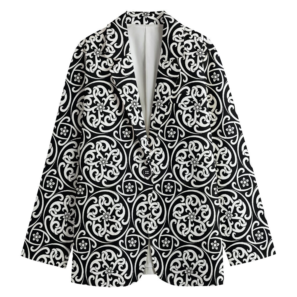 Black And White Celtic Pattern Print Women's Cotton Blazer