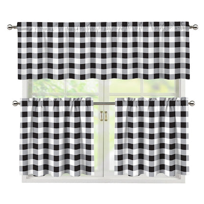 Black And White Check Pattern Print 3 Piece Kitchen Curtains