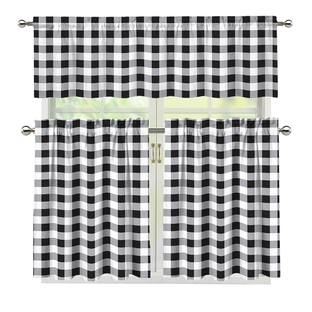 Black And White Check Pattern Print 3 Piece Kitchen Curtains