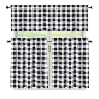 Black And White Check Pattern Print 3 Piece Kitchen Curtains